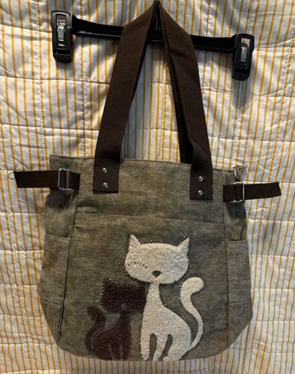Cute Cat Totes Women Canvas Handbags ( Khaki ) – kaukko,